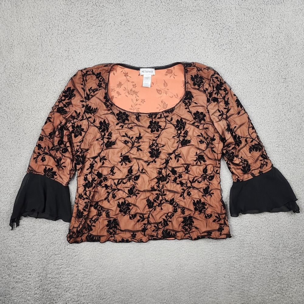 Vtg Metaphor Top Large 15 Goth Mesh Bell Sleeves Witch Velvet Floral Tulle Black